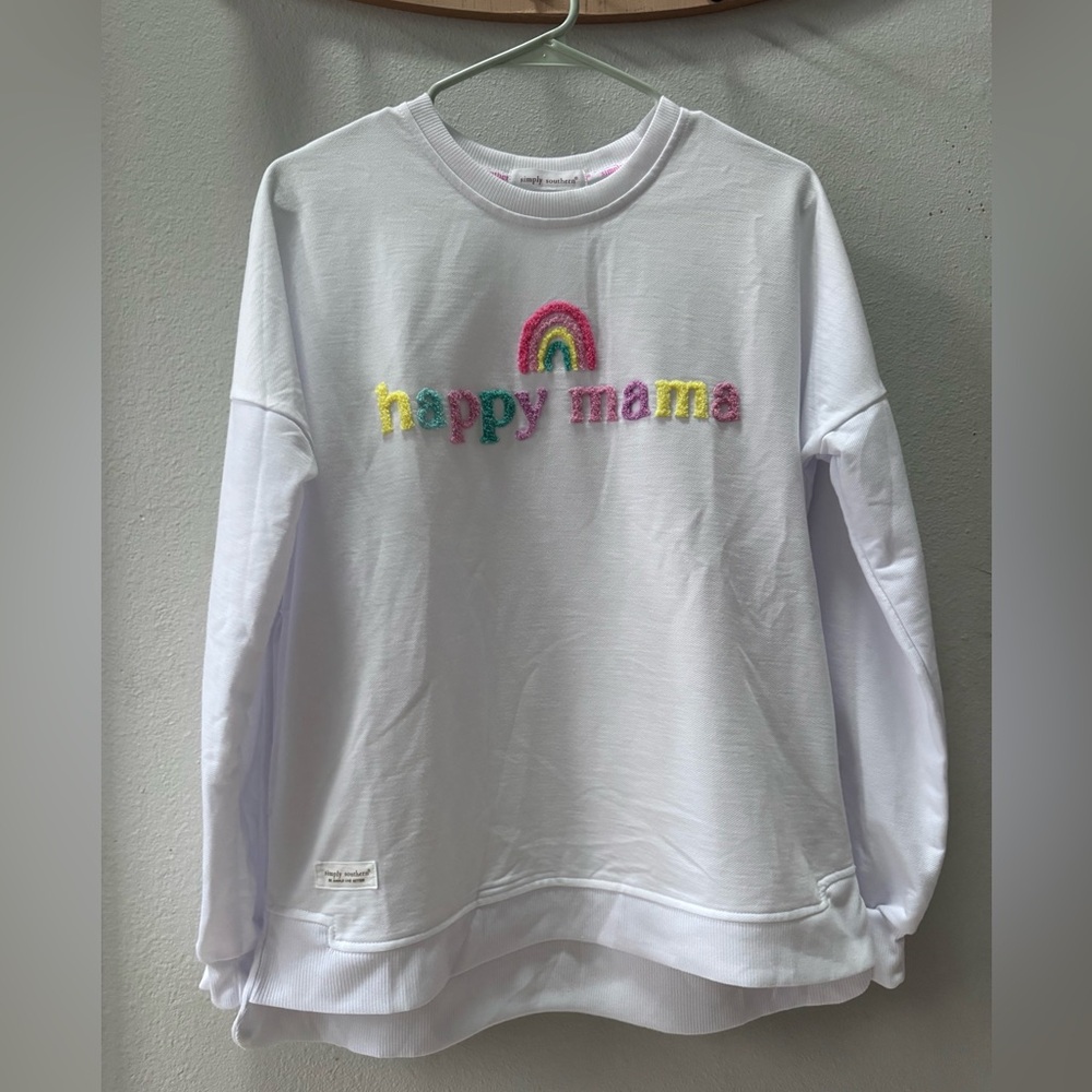 Simply Southern White Sweatshirt with Rainbow Design Happy Mama. Oversized S